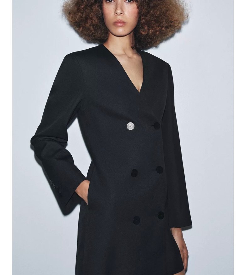 Düğmeli Siyah Mini Kadın Blazer elbise - Görsel 3