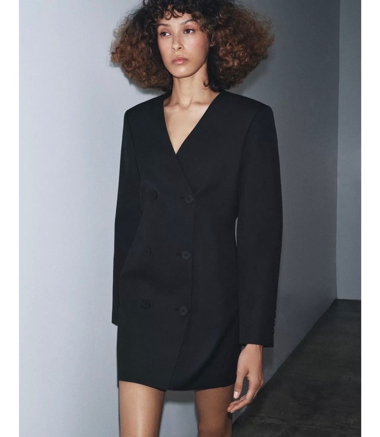 Düğmeli Siyah Mini Kadın Blazer elbise - Görsel 2