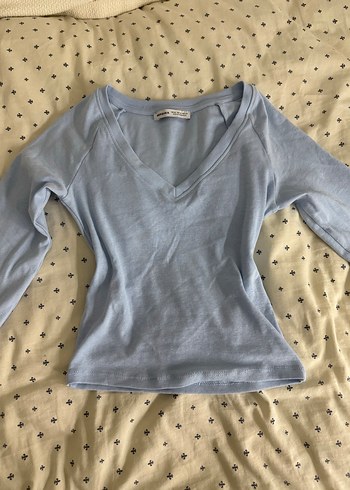 Mavi V Yaka Uzun Kollu Crop Top - Görsel 2