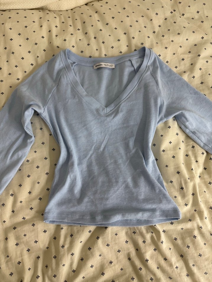 Mavi V Yaka Uzun Kollu Crop Top - Görsel 2