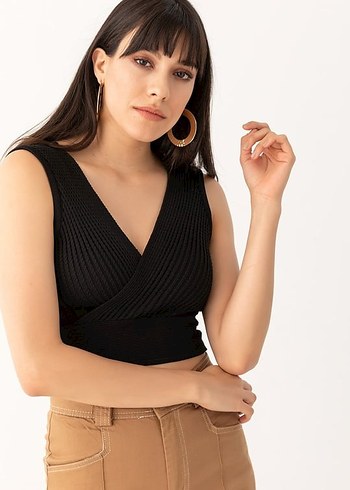 AVORWE Kruvaze Yaka Saç Örgülü Kolsuz Crop Bluz