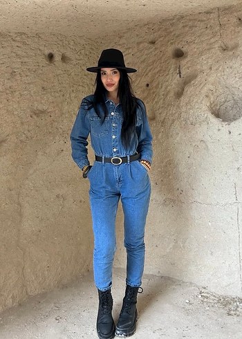 Kadın Mavi Denim Uzun Tulum