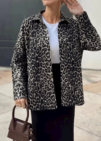 Diğer Leopar Desenli Taş Detaylı Kadın Ceket