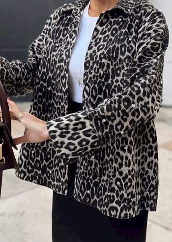 Leopar Desenli Taş Detaylı Kadın Ceket