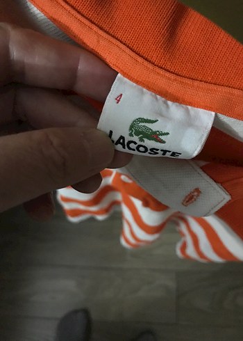 Turuncu Beyaz Çizgili Lacoste Polo Tişört - Görsel 3