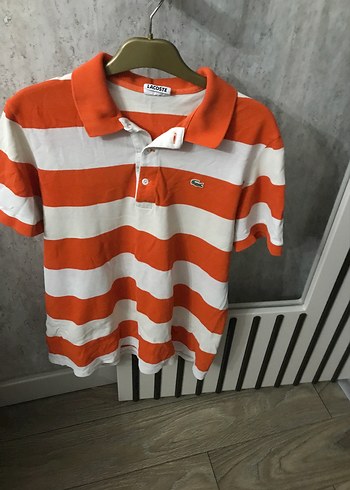 Turuncu Beyaz Çizgili Lacoste Polo Tişört - Görsel 2
