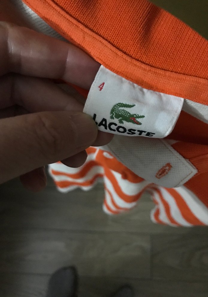 Turuncu Beyaz Çizgili Lacoste Polo Tişört - Görsel 3