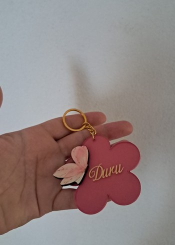 Pembe Püsküllü Minimalist Çiçek Anahtarlık