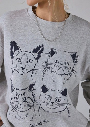 m Beden Gri Kadın Kedili Sweatshirt