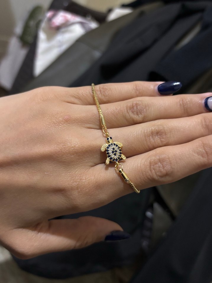 Zincir Detaylı Altın Kaplama Kaplumbağa Bileklik - Görsel 2