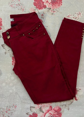 Bordo Düğmeli Kadın Pantolon - Görsel 2