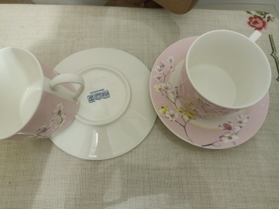 Pastel Pembe Çiçek Desenli 2'li Fincan ve Tabak Seti - Görsel 2