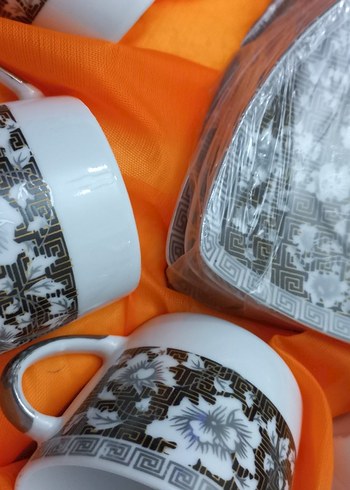 Gri Çiçek Desenli Kahve Fincan Seti - Görsel 5