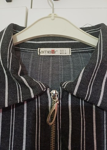 Ambar Çizgili Gri Kadın Ceket - Görsel 3