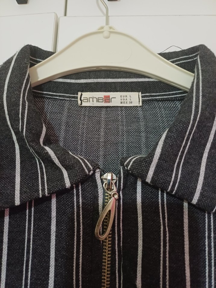 Ambar Çizgili Gri Kadın Ceket - Görsel 3