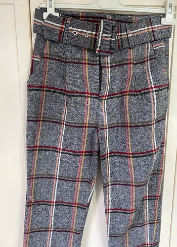 Gri Ekose Desenli Kemerli Kadın Kumaş Pantolon - Görsel 3