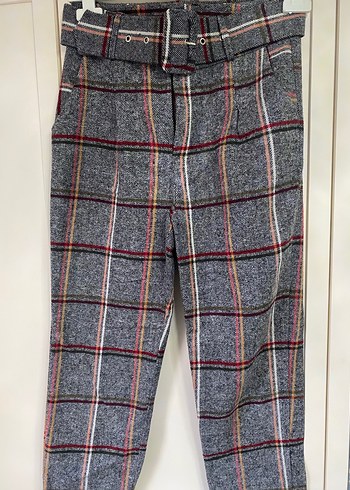 Gri Ekose Desenli Kemerli Kadın Kumaş Pantolon - Görsel 2