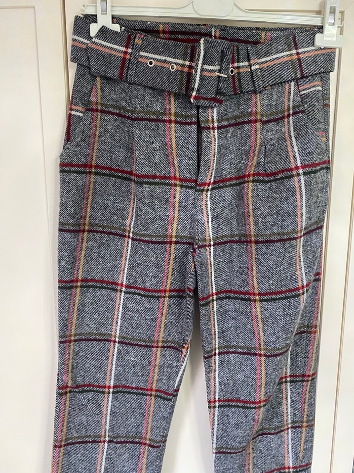 Gri Ekose Desenli Kemerli Kadın Kumaş Pantolon - Görsel 3