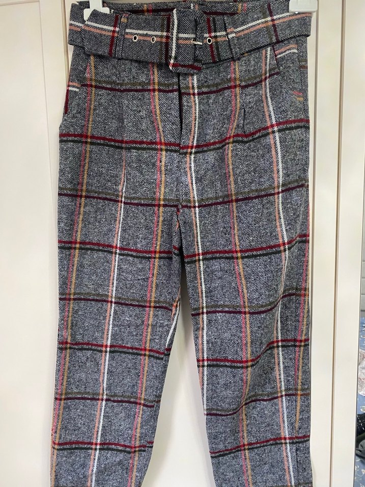 Gri Ekose Desenli Kemerli Kadın Kumaş Pantolon - Görsel 2