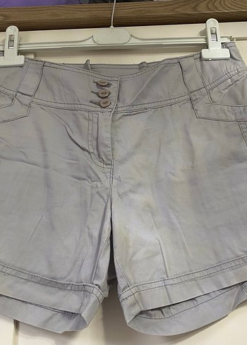 Düğmeli Gri Kadın Mini Keten Şort - Görsel 3