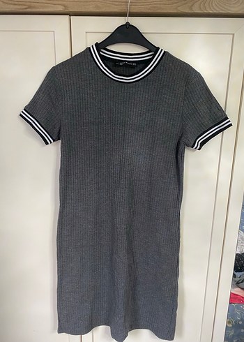 Gri Triko Kısa Kollu Midi Elbise - Görsel 3