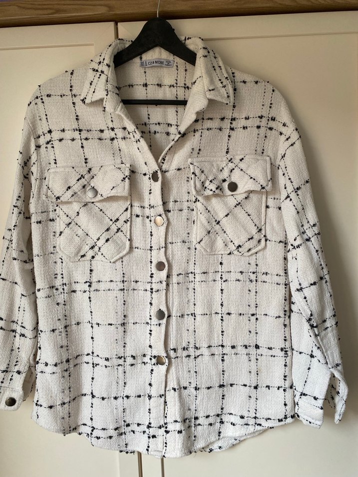 Düğmeli Beyaz Gri Kareli Keten Gömlek - Görsel 2