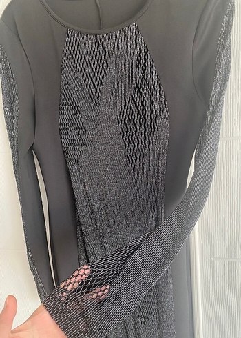 Dantel Detaylı Siyah Uzun Kollu Midi Elbise - Görsel 5