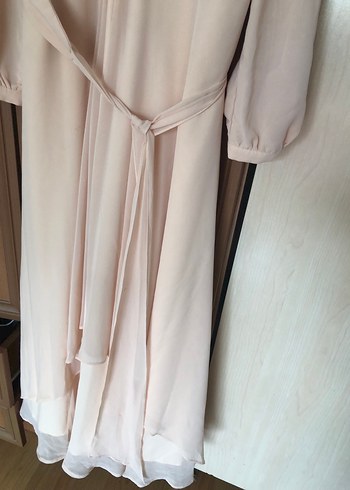 Bej Uzun Kollu Drapeli Vintage Elbise - Görsel 3