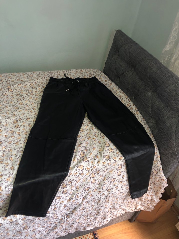 Siyah Deri Beli Bağcıklı Kadın Pantolon - Görsel 3