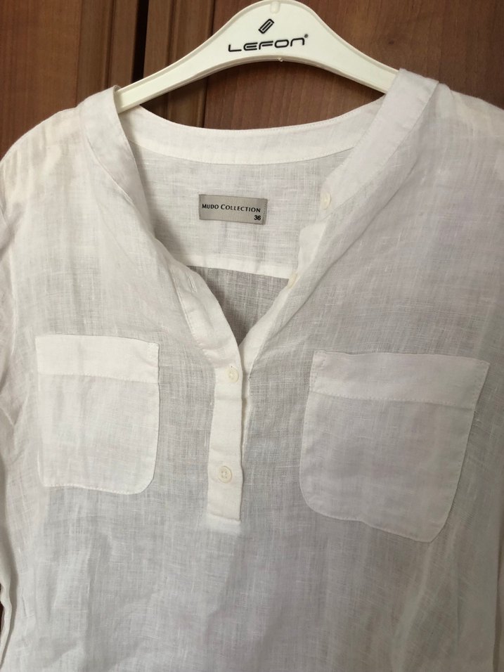 Kadın Beyaz Keten V Yaka Gömlek - Görsel 2