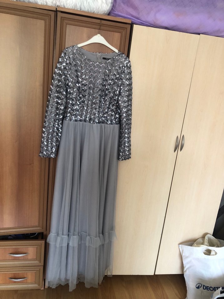 Gri Uzun Kollu Kadın Abiye Elbise - Görsel 2