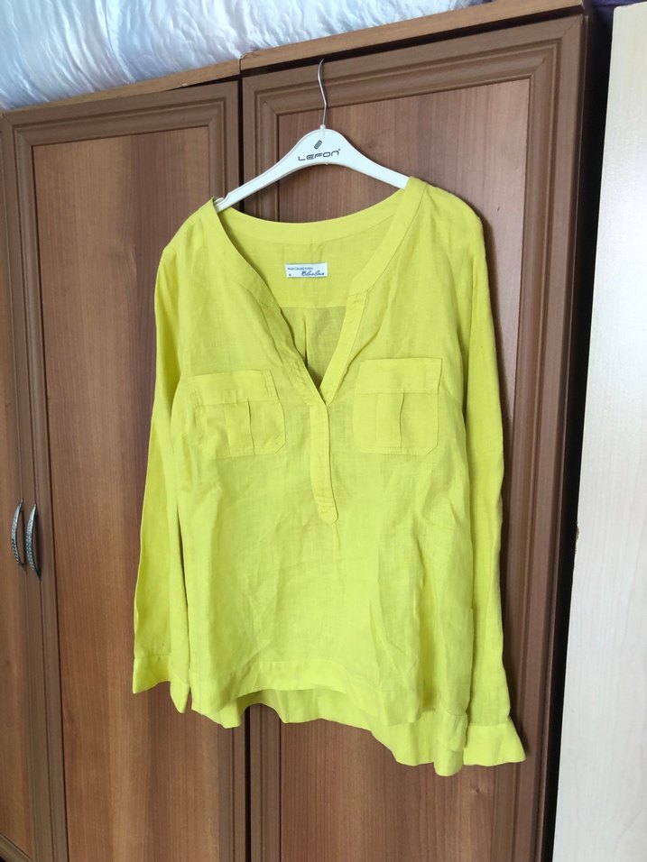 Sarı Uzun Kollu Keten Kadın Gömlek - Görsel 2