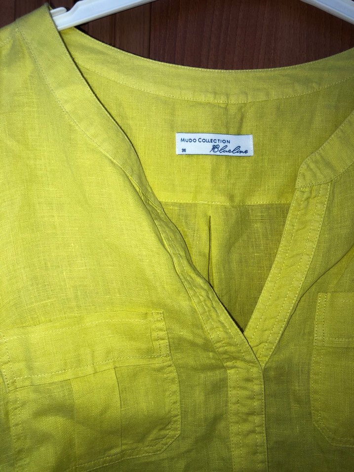 Sarı Uzun Kollu Keten Kadın Gömlek - Görsel 3