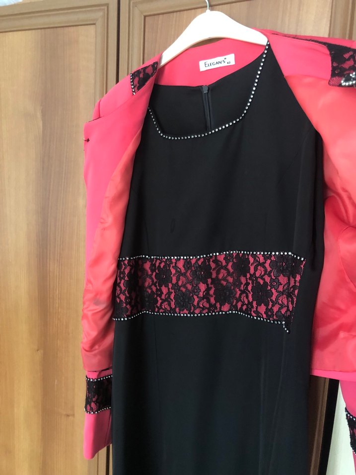 Dantel Detaylı Pembe Siyah Uzun Abiye Elbise - Görsel 3