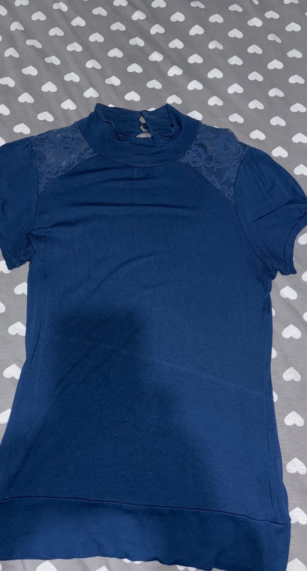Dantel Detaylı Lacivert Kadın Kısa Kollu Bluz - Görsel 2