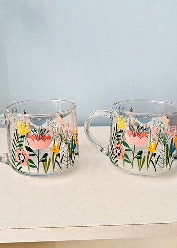 Renkli Çiçek Desenli Şeffaf Cam Kupa Seti - Görsel 2
