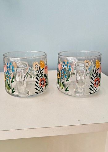Renkli Çiçek Desenli Şeffaf Cam Kupa Seti - Görsel 4