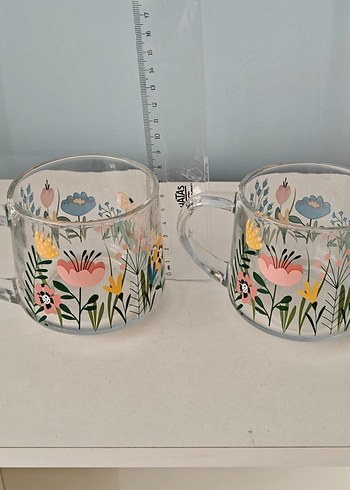 Renkli Çiçek Desenli Şeffaf Cam Kupa Seti - Görsel 8