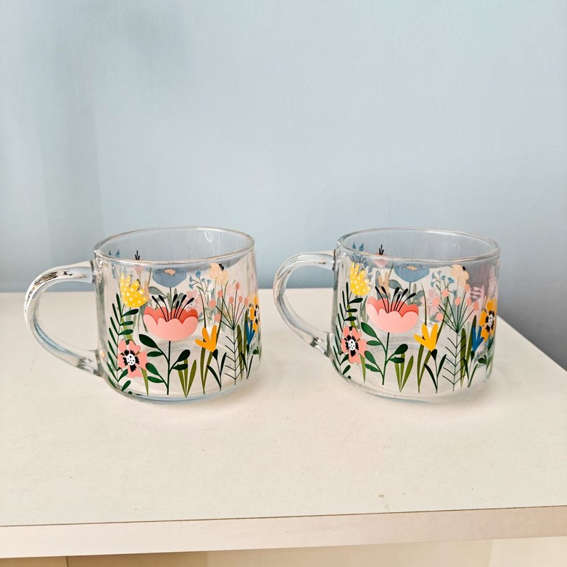 Renkli Çiçek Desenli Şeffaf Cam Kupa Seti - Görsel 2
