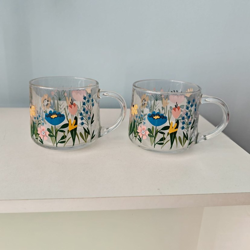 Renkli Çiçek Desenli Şeffaf Cam Kupa Seti - Görsel 3