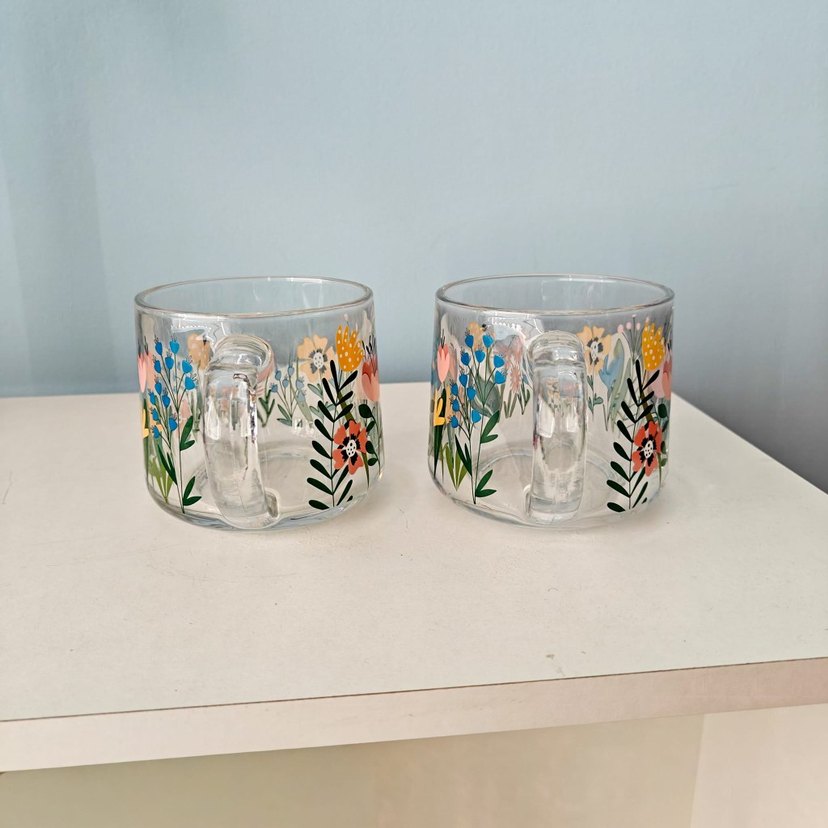 Renkli Çiçek Desenli Şeffaf Cam Kupa Seti - Görsel 4