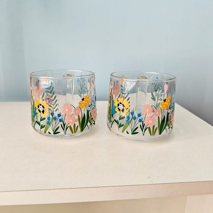 Renkli Çiçek Desenli Şeffaf Cam Kupa Seti - Görsel 5