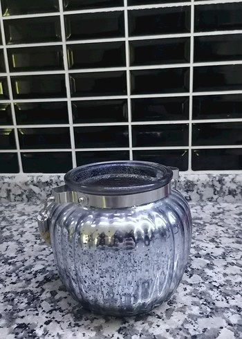 Beden Çekya yapımı Gri Mavi Cam Mumluk hasır saplı