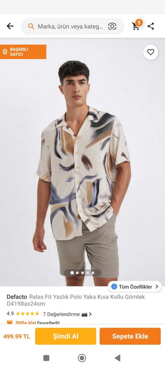 Bej Batik Desenli Kısa Kollu Keten Gömlek - Görsel 4