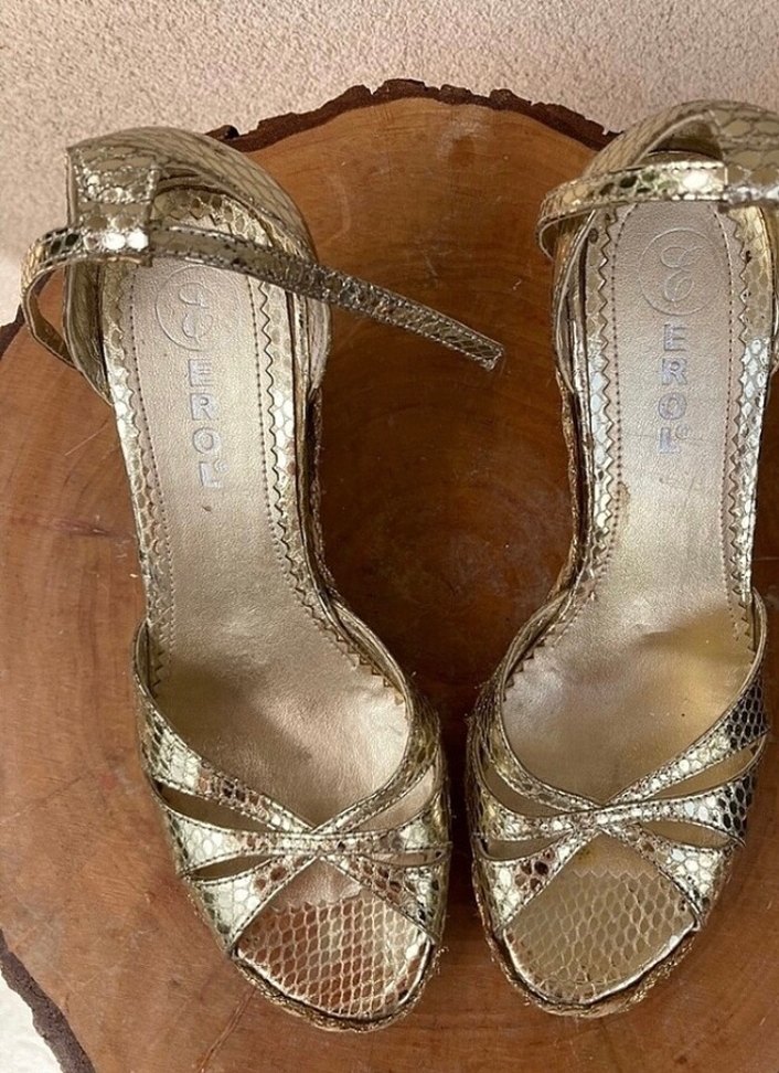 Vintage Yılan Desenli Altın Dolgu Topuklu Sandalet 34-35 numara. - Görsel 4