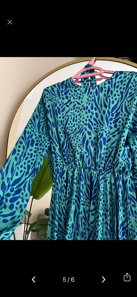 Uzun Kol, Yüksek Yakalı Mavi Batik Elbise - Görsel 5