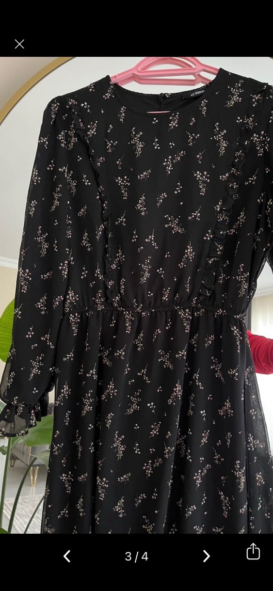 Uzun Siyah Çiçekli Robalı Kadın Elbise - Görsel 3