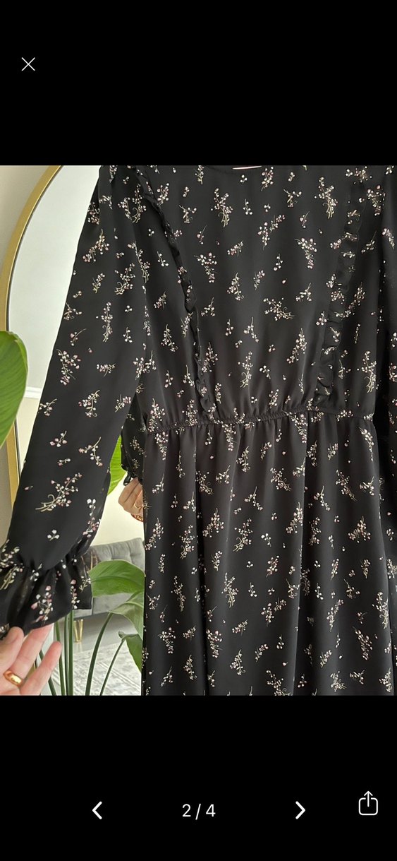 Uzun Siyah Çiçekli Robalı Kadın Elbise - Görsel 2