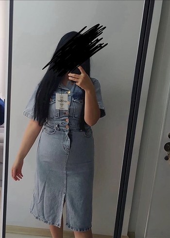 Gri Kemerli Kısa Kollu Denim Elbise