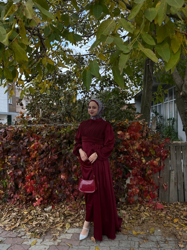 Bohem Bordo Uzun Kol Bağlama Desenli Elbise - Görsel 4